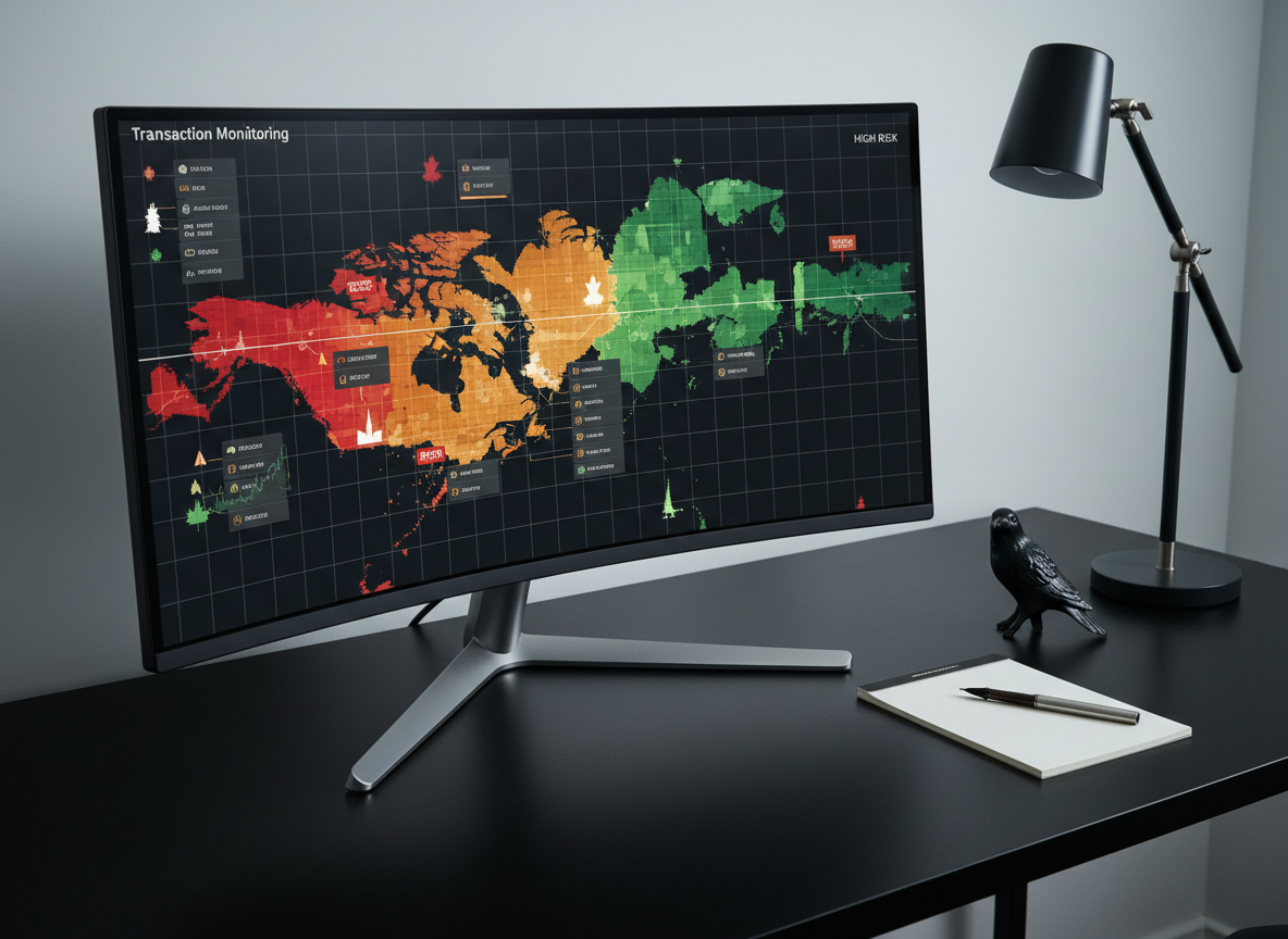 A close-up, photographic-realistic view of a sleek, ultra-wide monitor displaying a detailed transaction monitoring heat map with clear risk indicators in red, amber, and green overlaid on anonymized Canadian financial data. The monitor sits on a clean, matte black desk alongside a minimalist notepad, a fine-point metal pen, and a small, understated raven figurine. The scene is illuminated by cool, focused task lighting from an adjustable desk lamp, casting precise shadows and reflections. Captured from a slightly elevated angle with sharp focus throughout, the composition feels analytical, modern, and data-driven, ideal for illustrating sophisticated AML surveillance and financial crime prevention tools.