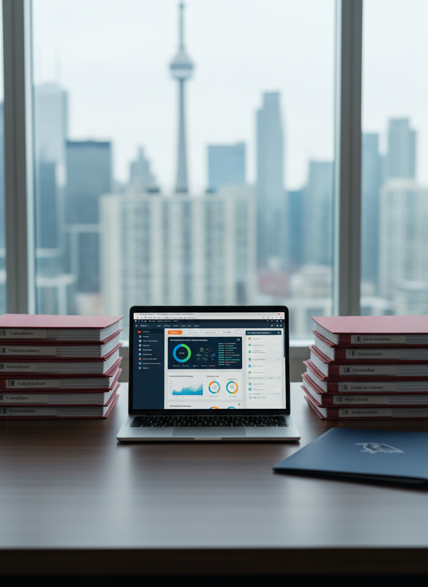 A meticulously organized compliance workspace featuring a large, dark walnut desk surface covered with neatly stacked Canadian regulatory binders, a slim silver laptop displaying a complex AML dashboard, and a crisp navy-blue folder embossed with a subtle raven emblem. In the background, floor-to-ceiling windows reveal an abstracted Toronto skyline rendered in soft blur. Cool, diffused daylight filters through, creating gentle reflections on the laptop and a calm, professional ambiance. Shot at eye level with a shallow depth of field that keeps the main objects in sharp focus, the photographic realism emphasizes clarity, precision, and modern sophistication, perfectly suited for an AML consultancy homepage hero image.