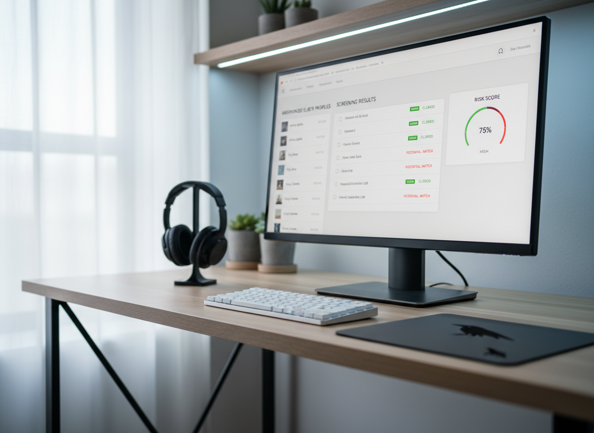 A photographic depiction of a modern, minimalist workstation dedicated to sanctions screening and KYC verification. A large, frameless monitor displays a clean interface showing anonymized client profiles, screening results, and risk scores. On the desk, a pair of slim, over-ear headphones rest beside a compact mechanical keyboard and a simple, dark mousepad with a subtle raven silhouette in the corner. Cool, even LED desk lighting combines with faint ambient daylight to create a crisp, focused environment. Shot from a three-quarter angle with a shallow depth of field, the scene feels quietly intense and highly professional, emphasizing precision and reliability in AML screening processes.