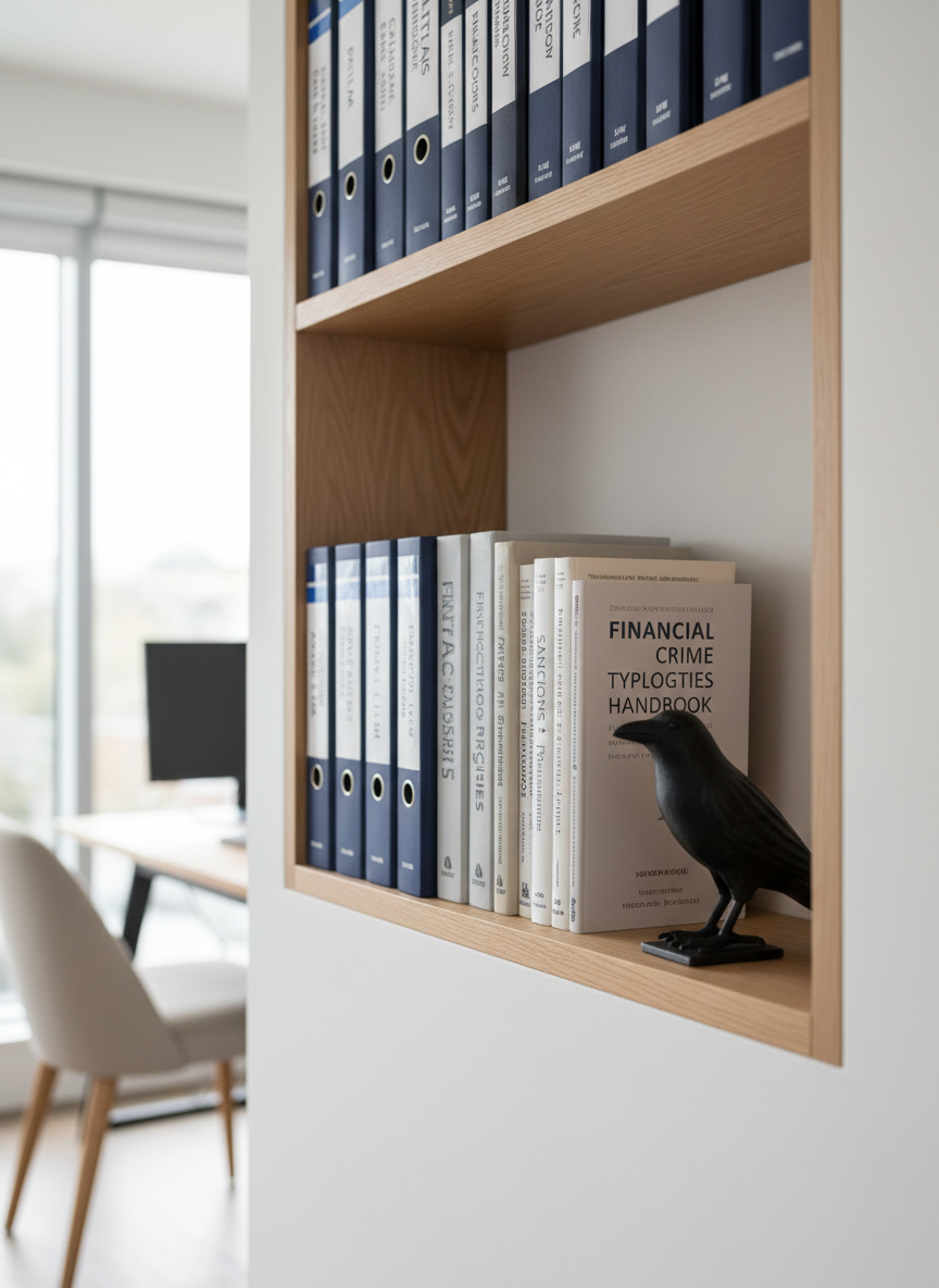 A photographic-realistic scene of a compact bookshelf in a modern office, filled with neatly arranged binders and books on Canadian AML regulations, FINTRAC guidance, sanctions compliance, and financial crime typologies. Spine titles are clearly legible but generic, avoiding specific brands, with a small, matte-black raven bookend anchoring one side. Soft, overcast daylight from a nearby window creates an even, gentle illumination, highlighting paper textures and subtle color differences among the volumes. Shot at eye level using the rule of thirds, the composition conveys depth and stability, suggesting deep expertise, thorough research, and a boutique consultancy’s carefully curated knowledge base.