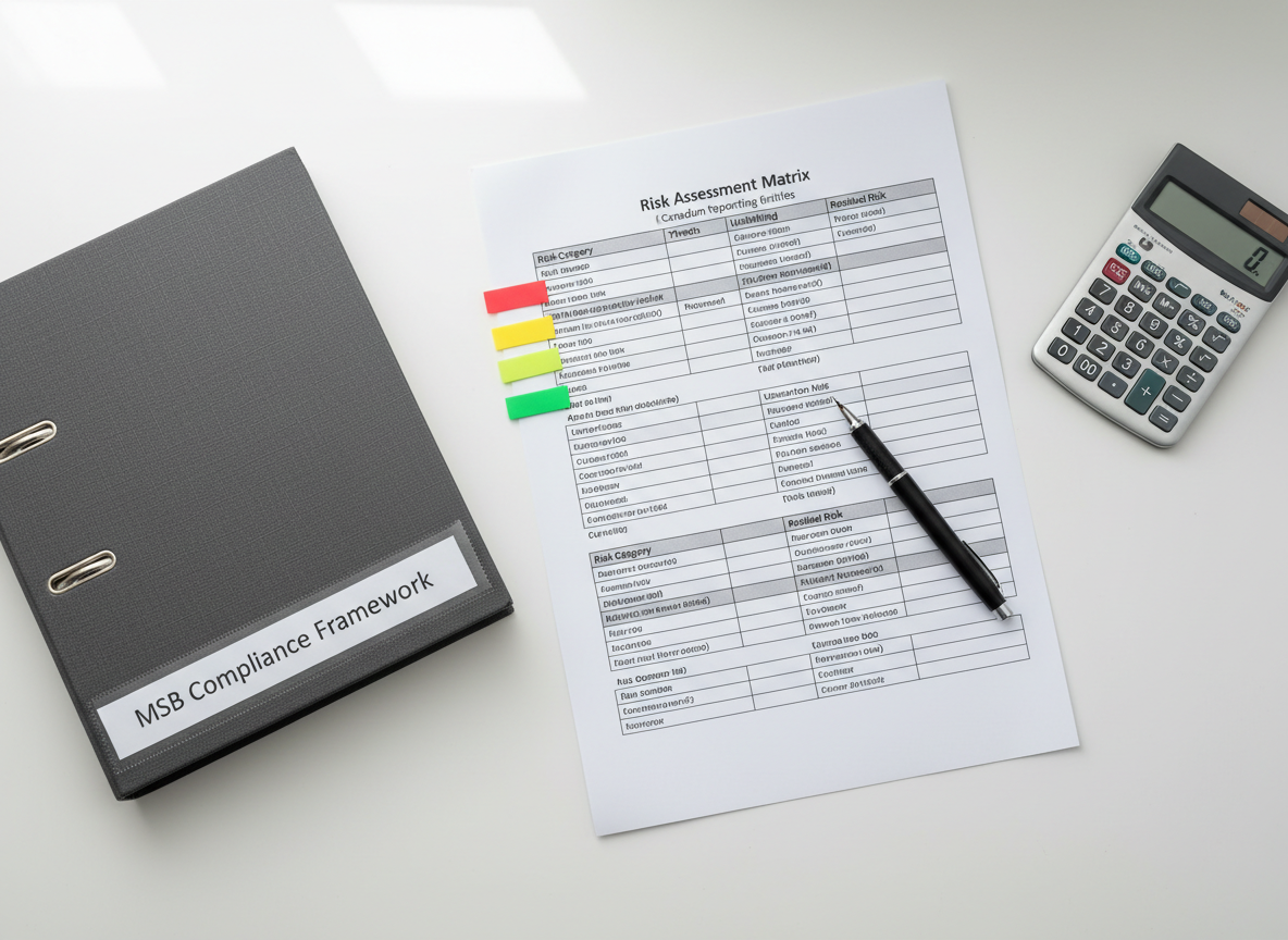 A detailed, photographic-realistic overhead shot of a clean, white workspace where a printed risk assessment matrix for Canadian reporting entities is spread out alongside color-coded sticky flags, a fine black technical pen, and a slim graphite calculator. A closed, charcoal-grey binder labeled “MSB Compliance Framework” anchors one side of the frame, its texture clearly visible. Soft, diffused daylight from an unseen window creates minimal, gentle shadows and a calm, contemplative mood. The bird’s-eye composition emphasizes organization and clarity, with sharp focus across the entire scene, visually reinforcing the methodical, structured approach required for effective AML risk assessments and controls.
