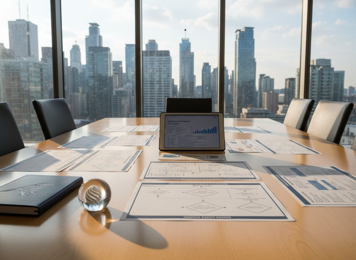 A high-resolution, photographic image of a polished conference table made of light ash wood, covered with neatly arranged AML policy documents, flowcharts of customer due diligence processes, and a tablet showing a compliance program roadmap. Discreet accents like a navy notebook stamped with a raven silhouette and a small glass paperweight add character. The room has floor-to-ceiling glass walls hinting at a modern Toronto office tower beyond, softly blurred. Natural afternoon light streams in, creating balanced illumination and subtle shadows. Shot from one corner of the table at a low angle, the composition uses leading lines to convey structure, reliability, and strategic planning in AML compliance programs.