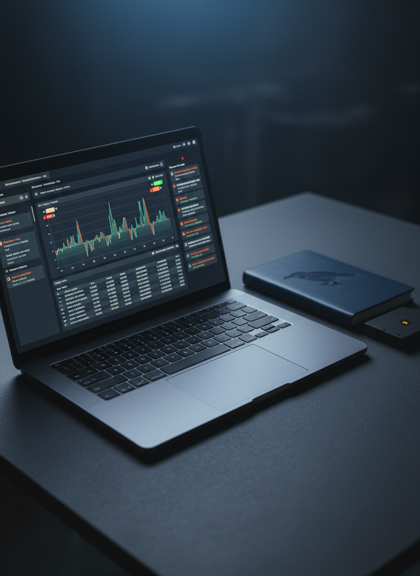 A cinematic, photographic depiction of a secure digital environment shown through a close-up of a high-end laptop on a matte charcoal desk, its screen displaying an anonymized transaction monitoring interface with alerts, timelines, and case notes. Next to the laptop lies a slim, navy-blue leather notebook subtly embossed with a raven outline, and a locked external hard drive with a tiny indicator light glowing. Cool, low-key lighting from a single directional source creates focused highlights on the keyboard and screen while leaving the background in soft shadow, evoking a sense of vigilance, confidentiality, and technical sophistication in fighting financial crime.