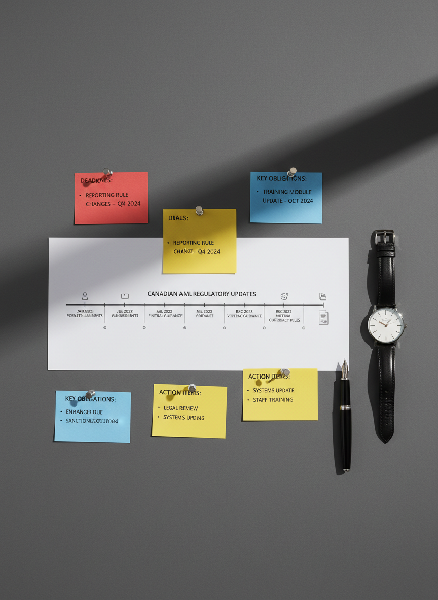 A polished, photographic overhead composition of a regulatory change tracking board on a smooth, dark grey surface. A large, printed timeline chart traces recent Canadian AML regulatory updates with precise labels and clean typography. Around it are color-coded index cards marked with key obligations, deadlines, and action items, anchored by metallic push pins. A slim, stainless-steel watch and a dark fountain pen rest nearby, hinting at time sensitivity and attention to detail. Soft, directional daylight from the left creates gentle shadows that enhance legibility. The overall mood is focused and proactive, ideal for illustrating ongoing AML program maintenance and regulatory monitoring.
