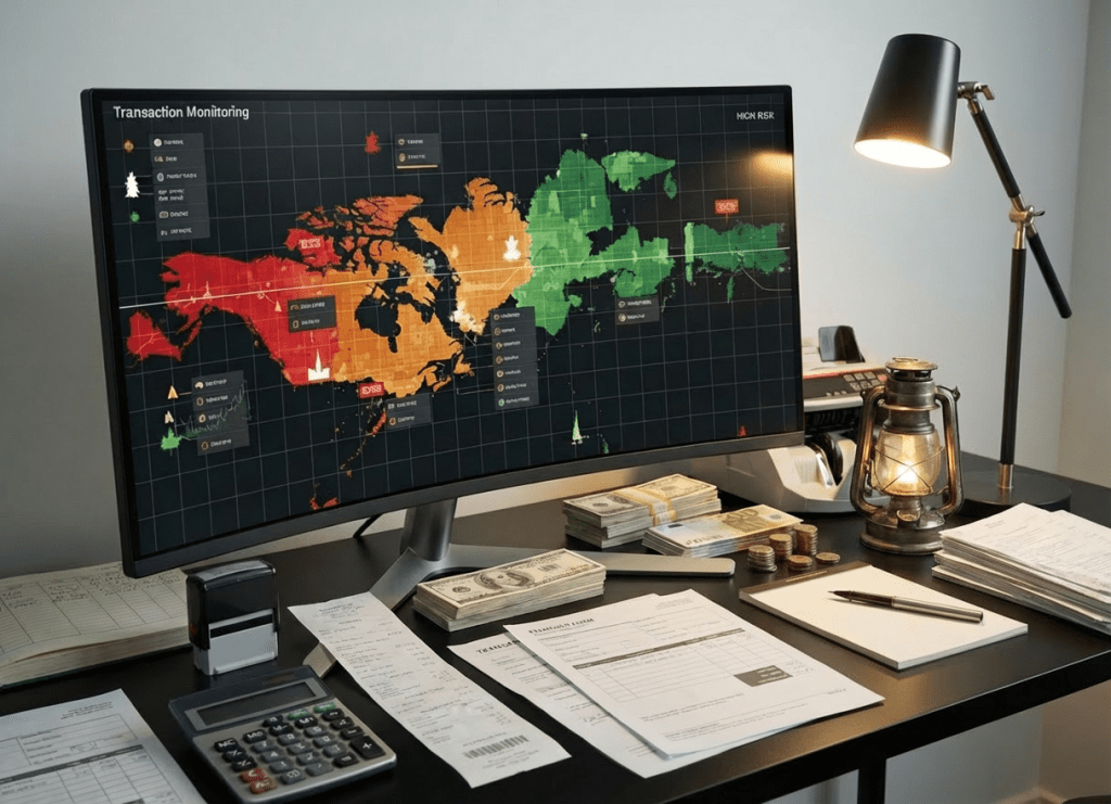 A close-up, photographic-realistic view of a sleek, ultra-wide monitor displaying a detailed transaction monitoring heat map with clear risk indicators in red, amber, and green overlaid on anonymized Canadian financial data. The monitor sits on a clean, matte black desk alongside a minimalist notepad, a fine-point metal pen, and a small, understated raven figurine. The scene is illuminated by cool, focused task lighting from an adjustable desk lamp, casting precise shadows and reflections. Captured from a slightly elevated angle with sharp focus throughout, the composition feels analytical, modern, and data-driven, ideal for illustrating sophisticated AML surveillance and financial crime prevention tools.