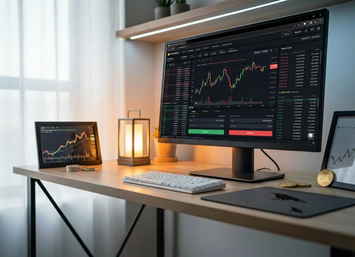 AML compliance A photographic depiction of a modern, minimalist workstation dedicated to sanctions screening and KYC verification. A large, frameless monitor displays a clean interface showing anonymized client profiles, screening results, and risk scores. On the desk, a pair of slim, over-ear headphones rest beside a compact mechanical keyboard and a simple, dark mousepad with a subtle raven silhouette in the corner. Cool, even LED desk lighting combines with faint ambient daylight to create a crisp, focused environment. Shot from a three-quarter angle with a shallow depth of field, the scene feels quietly intense and highly professional, emphasizing precision and reliability in AML screening processes.
