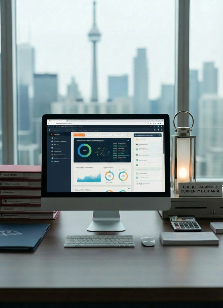 Modern office workspace with financial dashboard Laptop with financial charts on a desk with a 'CHEQUE CASHING & CURRENCY EXCHANGE' sign.