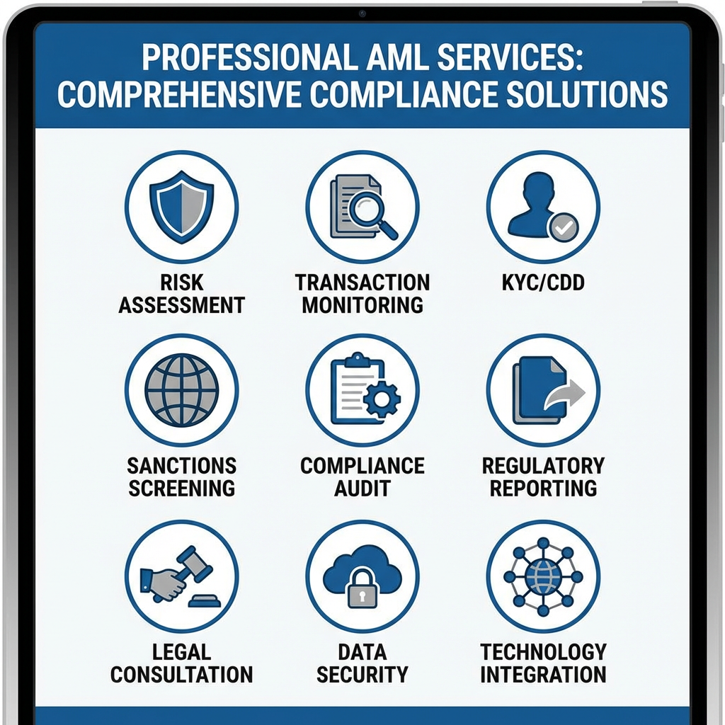 Professional AML Services: Comprehensive Compliance Solutions with icons for Risk Assessment, Transaction Monitoring, KYC/CDD, Sanctions Screening, Compliance Audit, Regulatory Reporting, Legal Consultation, Data Security, and Technology Integration.