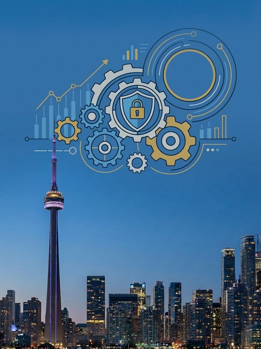 Infographic titled GLOBAL AML TRUST FRAMEWORK with gear icons and a padlock over Toronto.