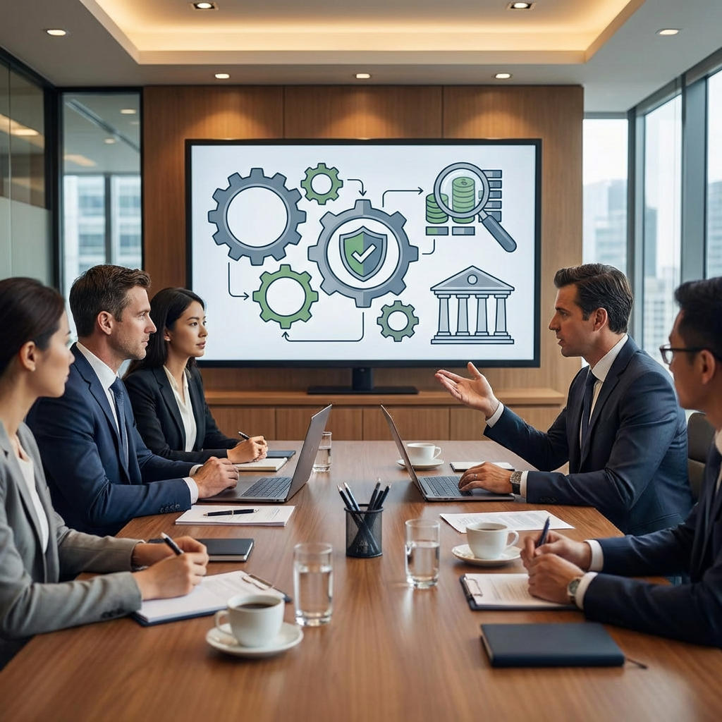Professional AML Compliance: Risk-Based Financial Services infographic showing AML compliance, risk assessment, transaction monitoring, and customer due diligence.